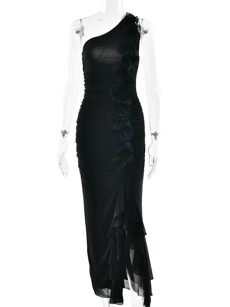 One-Shoulder Ruffle Ruched Midi Dress