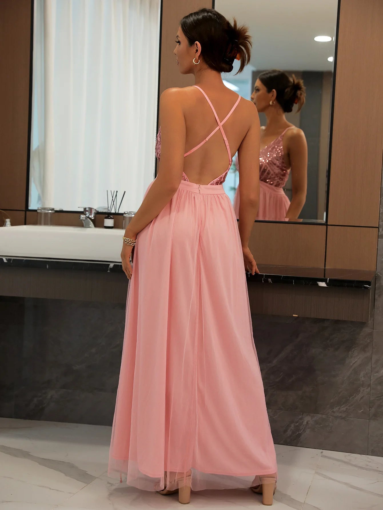Sequin Bodice Open-Back Maxi Dress