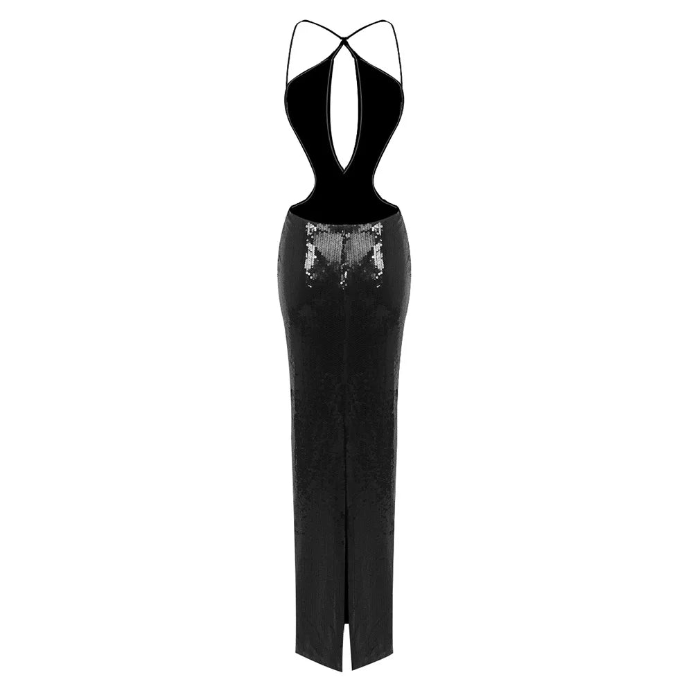 Sequin Halter Plunge Backless Evening Gown