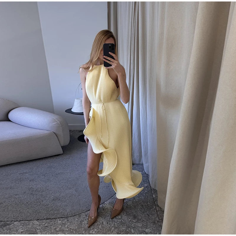High-Neck Sculpted Ruffle Slit Midi Dress