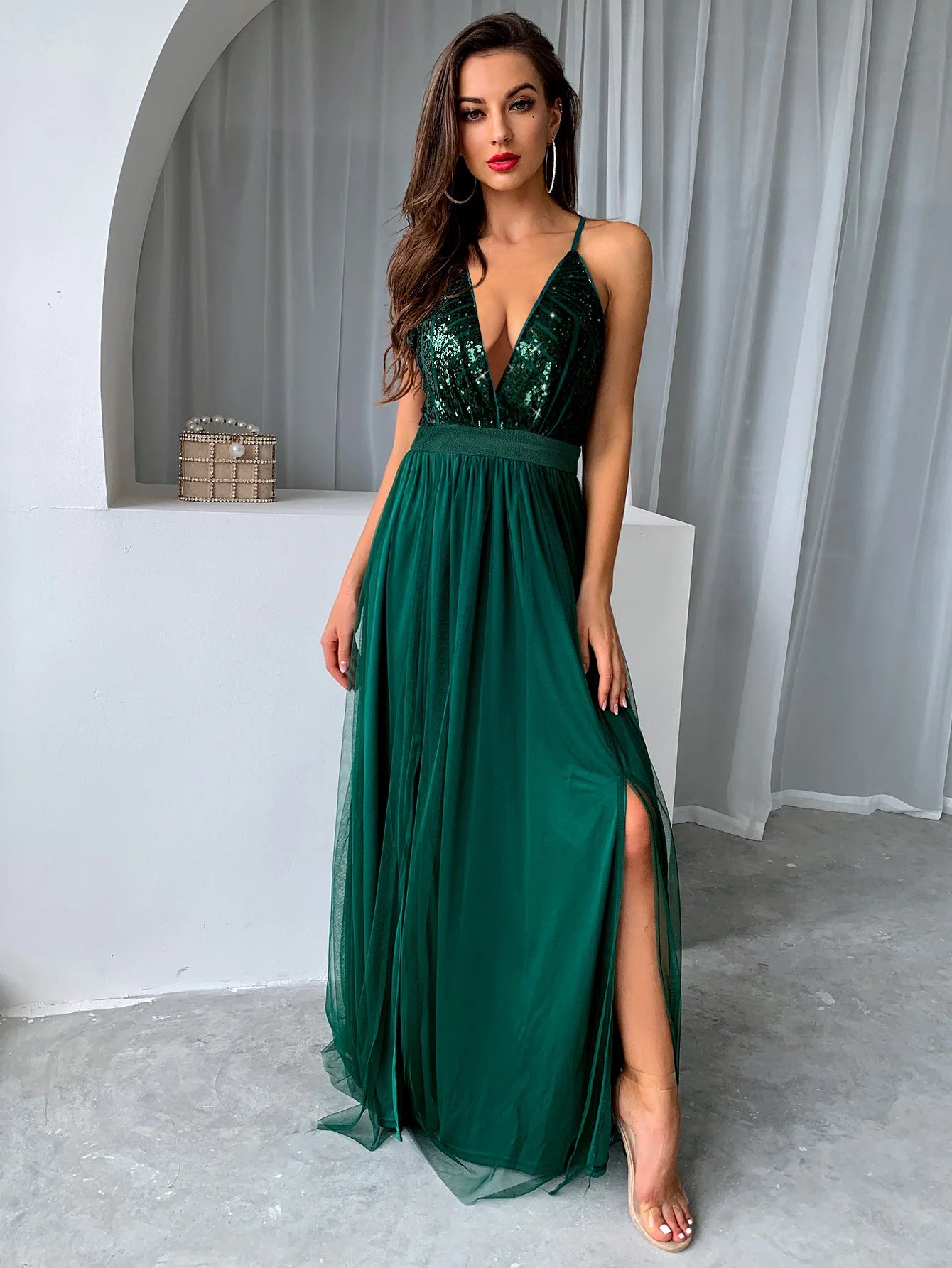 Sequin Bodice Open-Back Maxi Dress