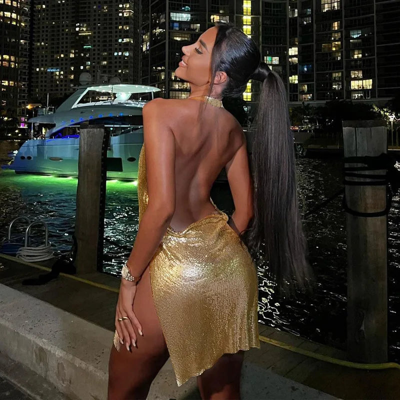 Sequin Drape Halter Mini Dress