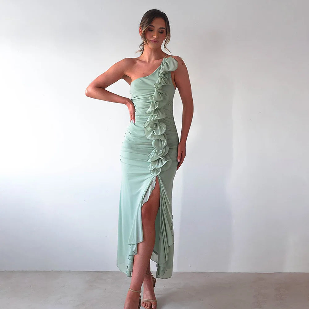 One-Shoulder Ruffle Ruched Midi Dress