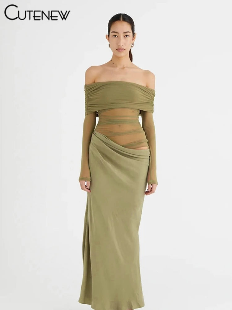 Off-Shoulder Sheer Panel Bodycon Maxi Dress