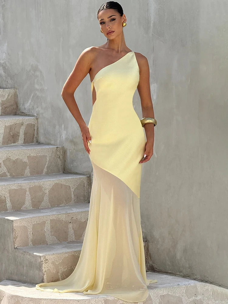 One-Shoulder Sheer Panel Mermaid Gown