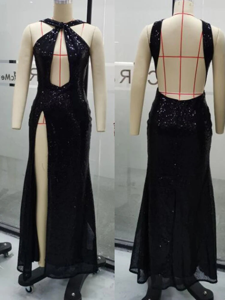 Sequin Halter Cut-Out High-Slit Evening Gown