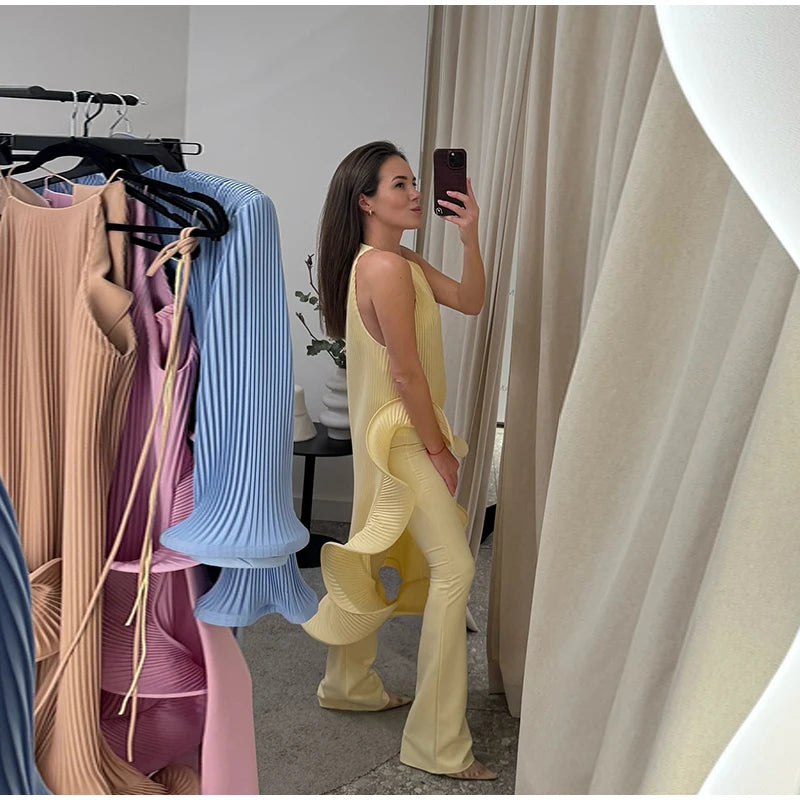 High-Neck Sculpted Ruffle Slit Midi Dress