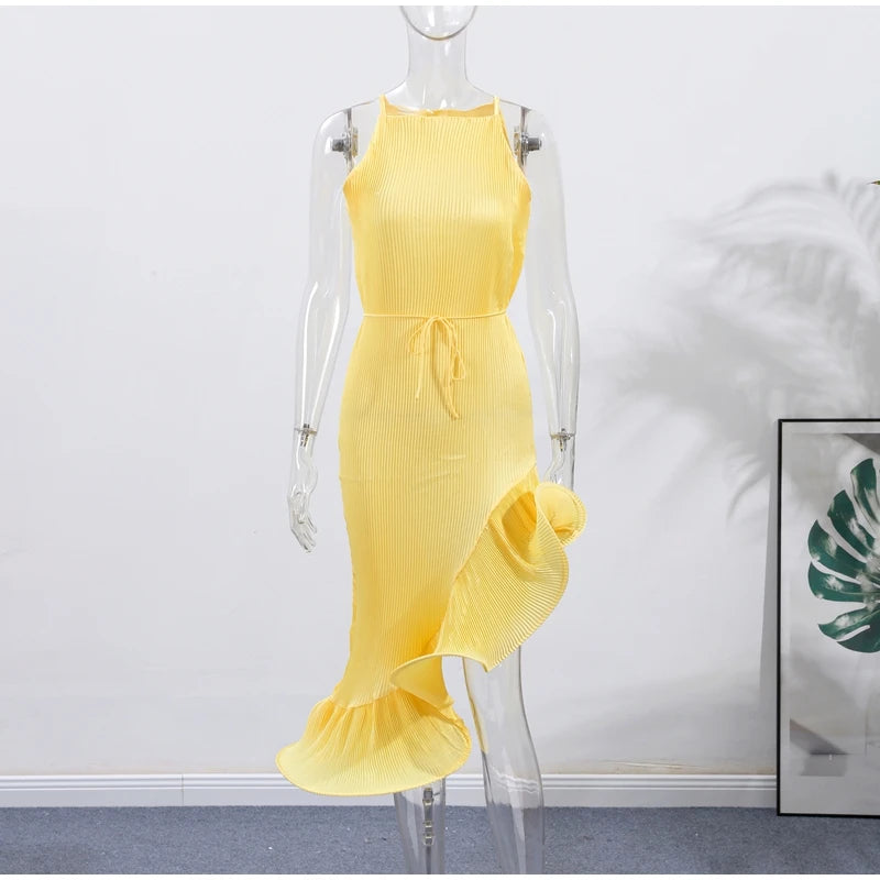 High-Neck Sculpted Ruffle Slit Midi Dress