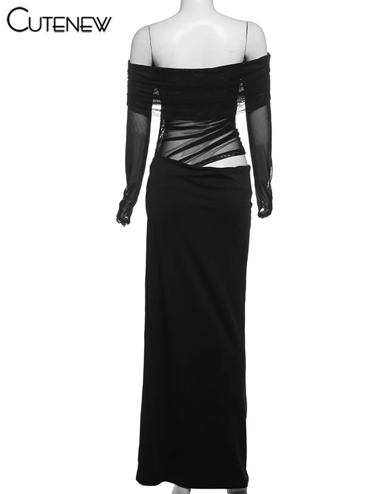Off-Shoulder Sheer Panel Bodycon Maxi Dress