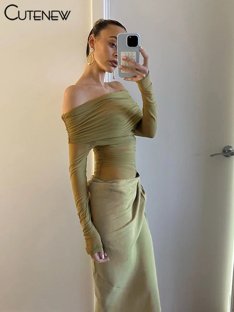 Off-Shoulder Sheer Panel Bodycon Maxi Dress