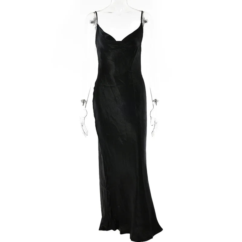 Satin Cowl Neck Spaghetti Strap Maxi Dress