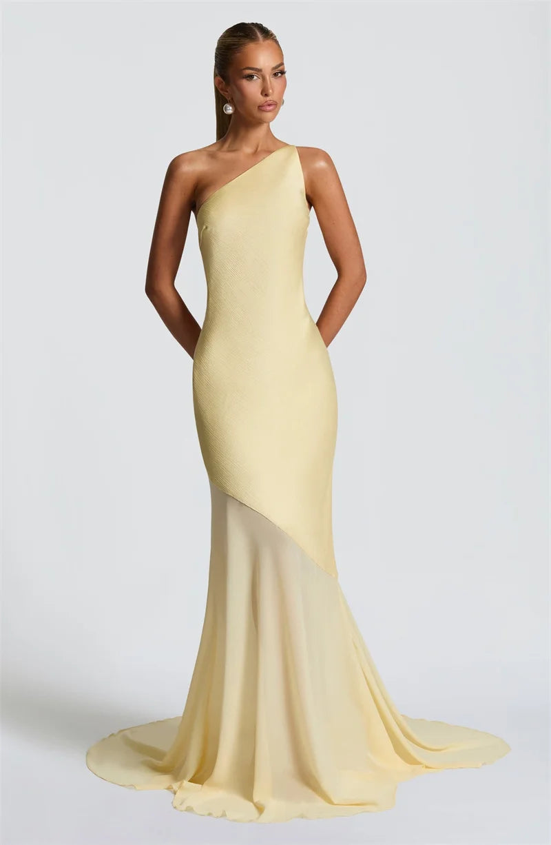 One-Shoulder Sheer Panel Mermaid Gown