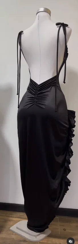 Satin High-Slit Ruffle Evening Dress