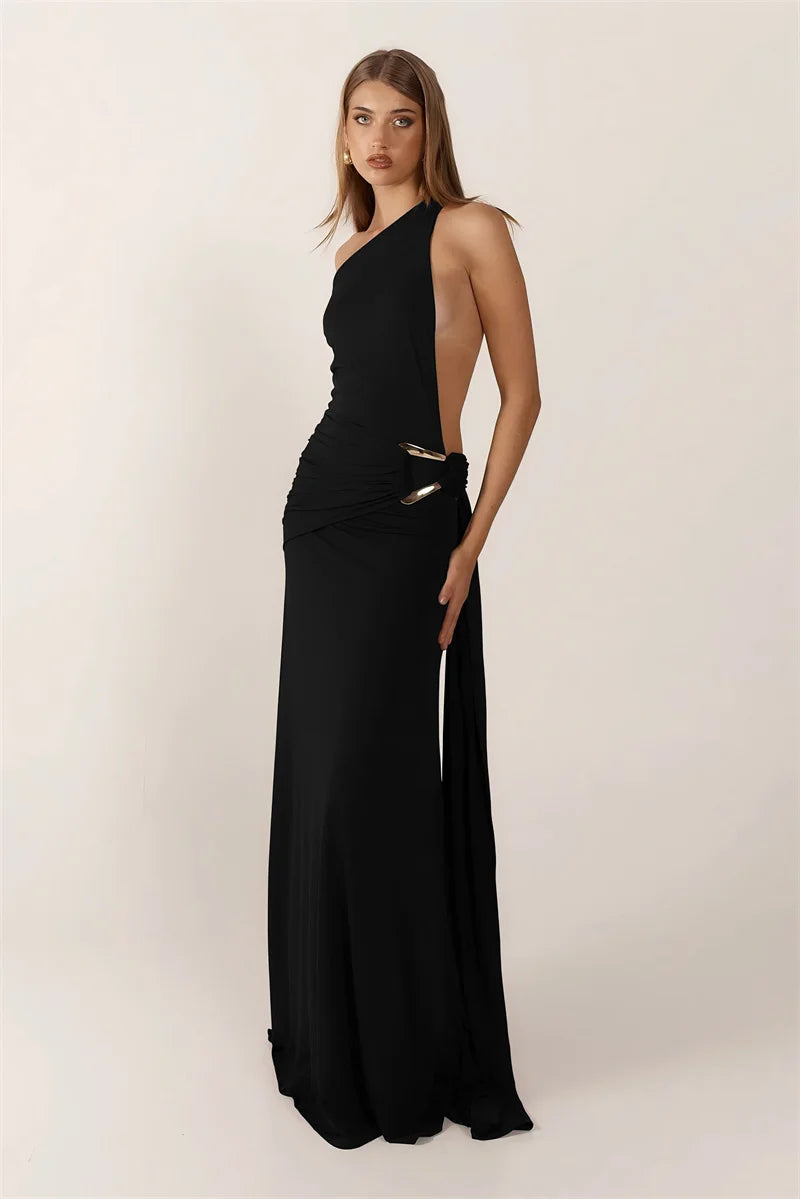 One-Shoulder Ruched Cut-Out Maxi Dress