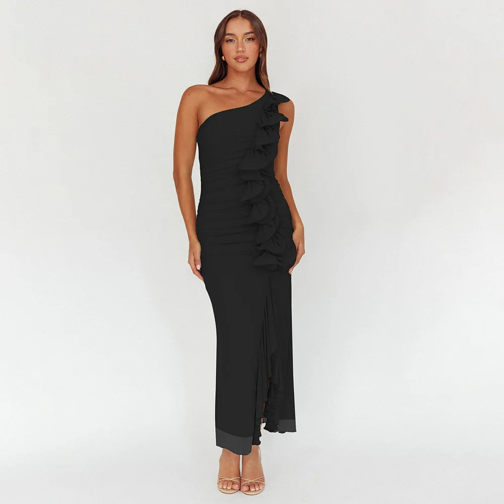 One-Shoulder Ruffle Ruched Midi Dress