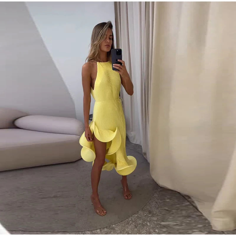 High-Neck Sculpted Ruffle Slit Midi Dress