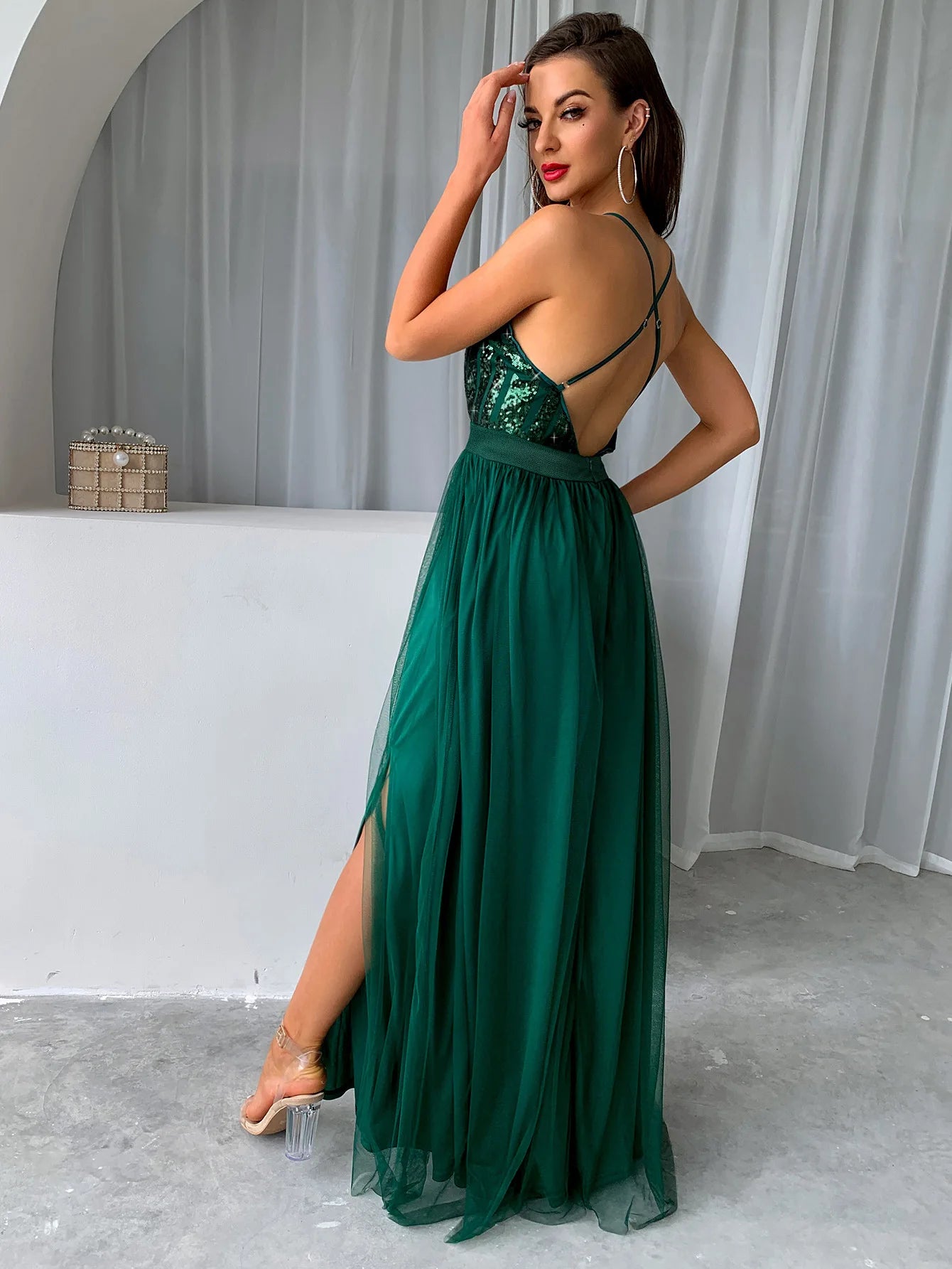 Sequin Bodice Open-Back Maxi Dress