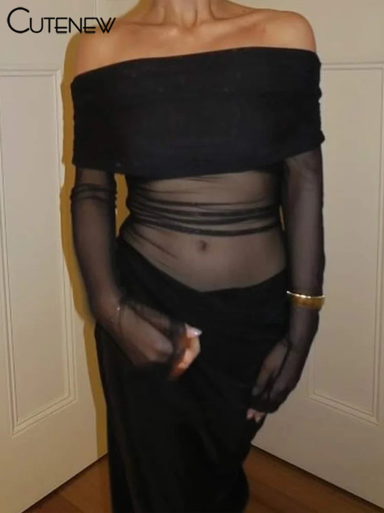 Off-Shoulder Sheer Panel Bodycon Maxi Dress