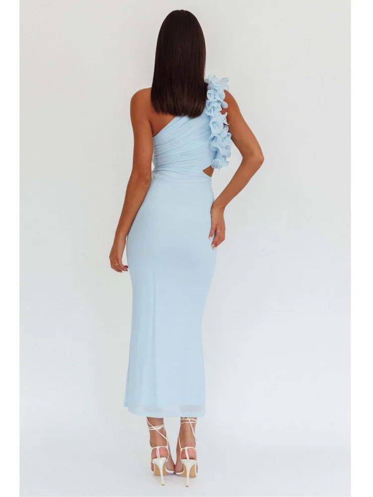 One-Shoulder Floral Appliqué Bodycon Midi Dress