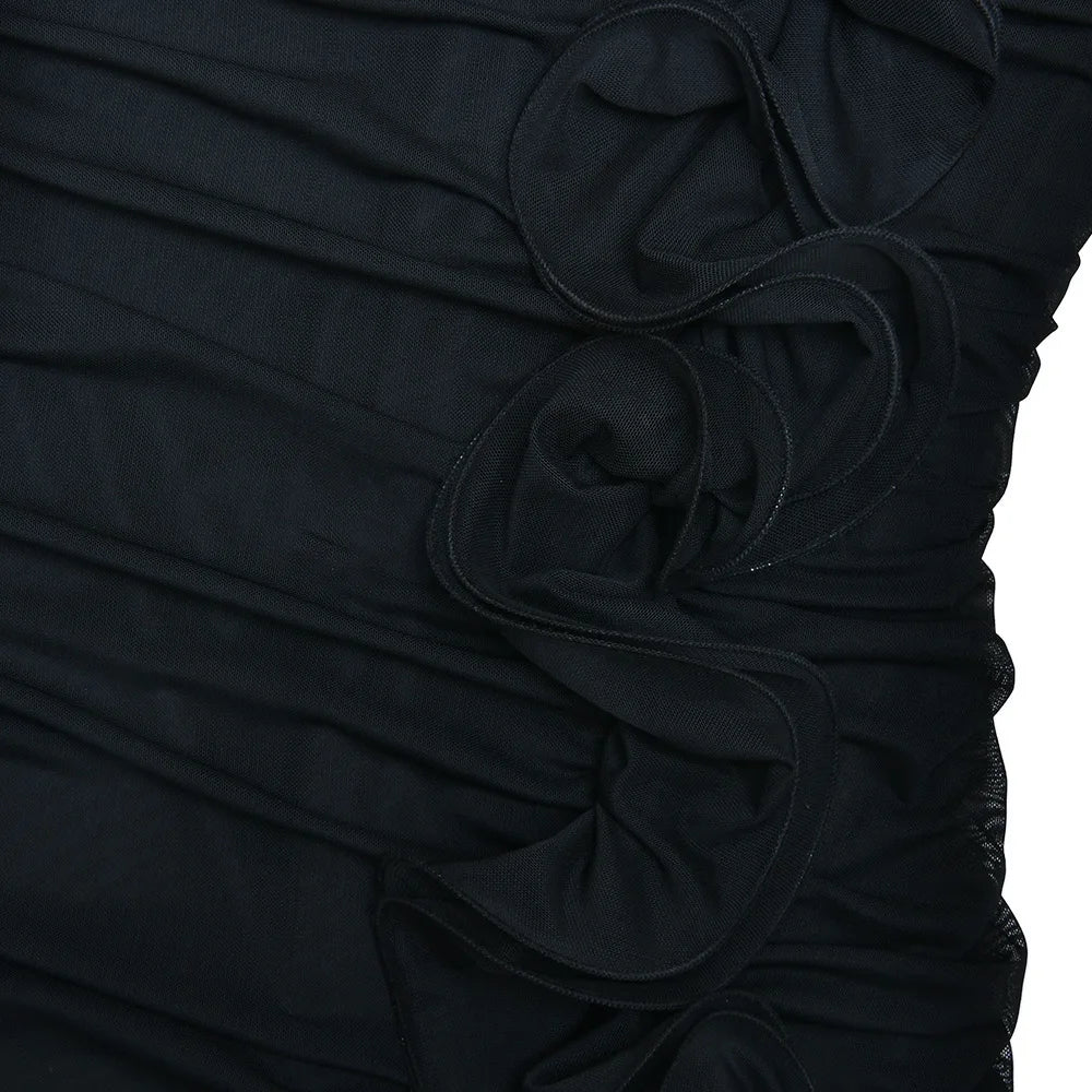 One-Shoulder Ruffle Ruched Midi Dress