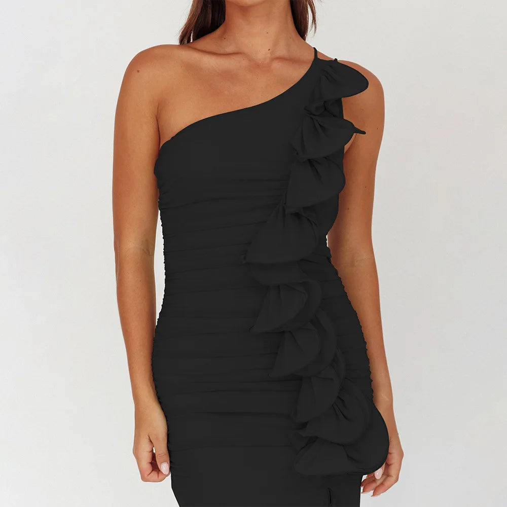 One-Shoulder Ruffle Ruched Midi Dress