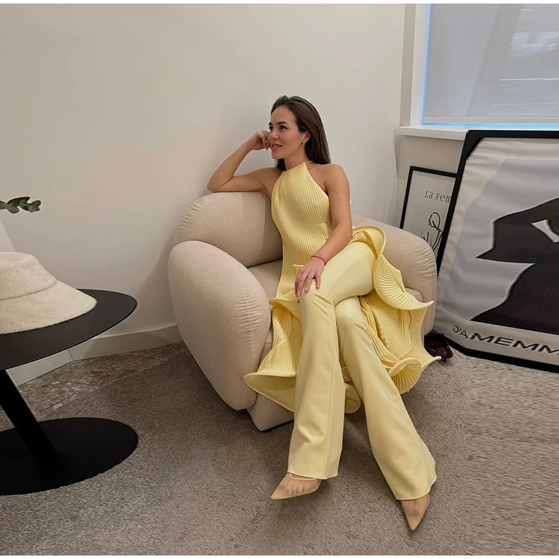 High-Neck Sculpted Ruffle Slit Midi Dress