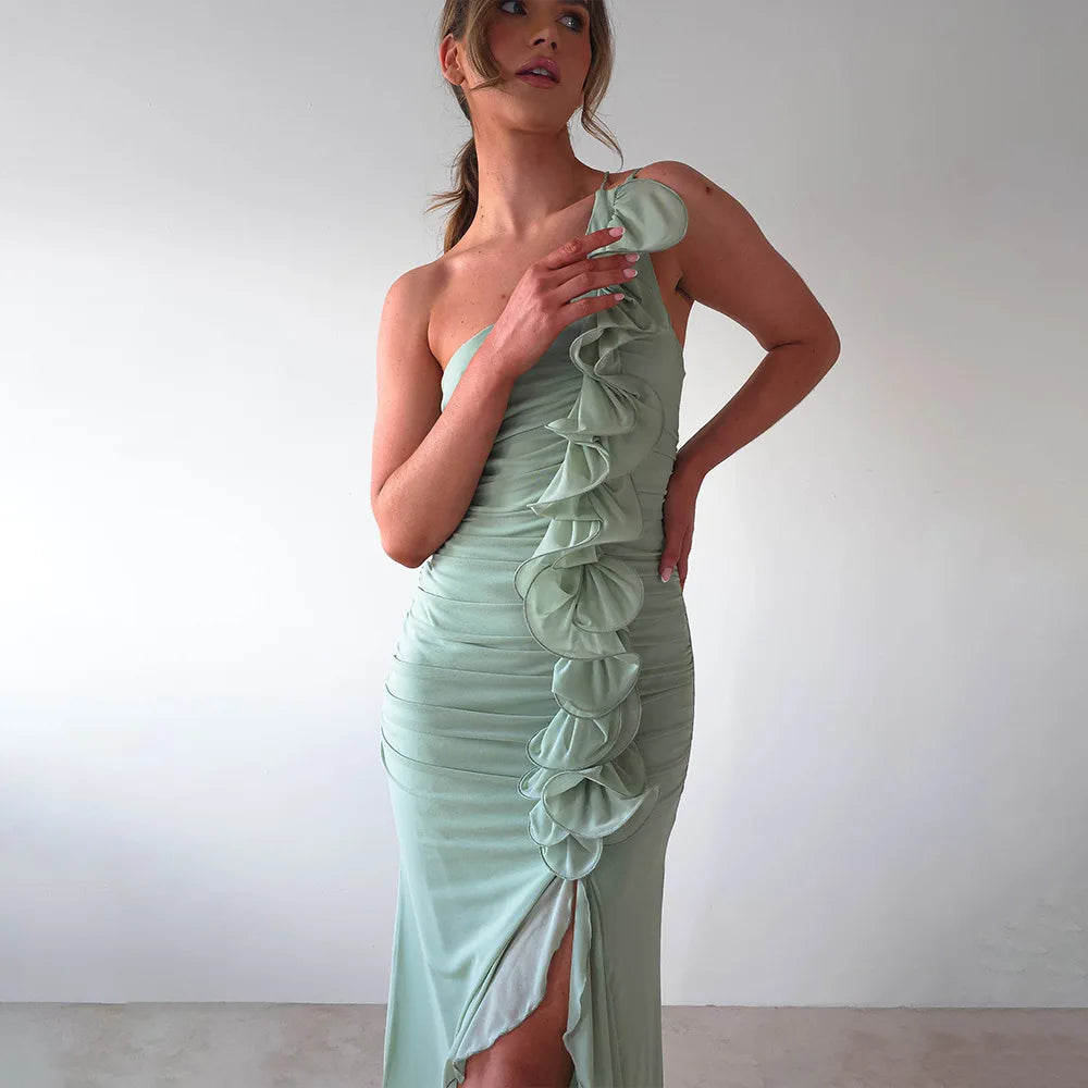 One-Shoulder Ruffle Ruched Midi Dress