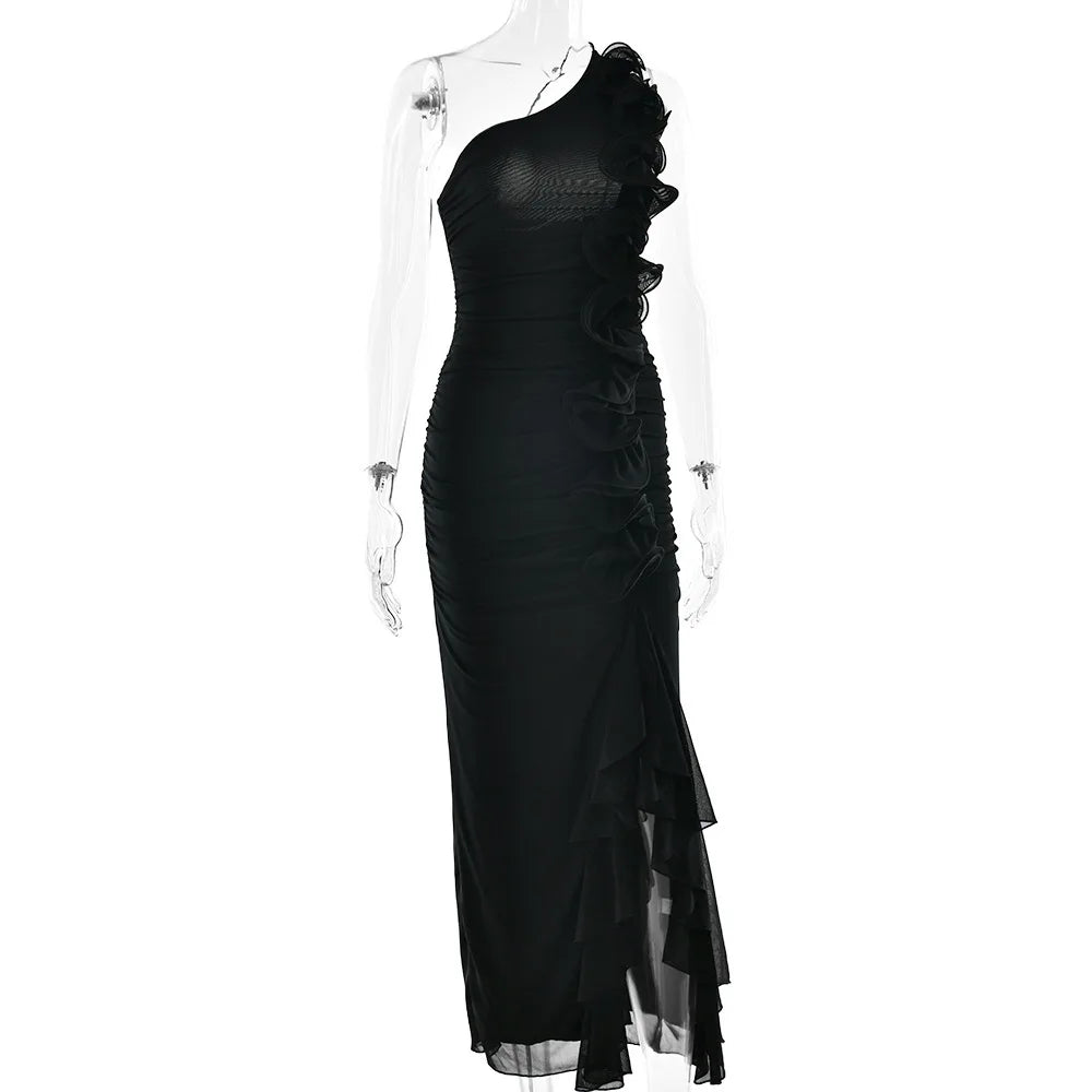 One-Shoulder Ruffle Ruched Midi Dress