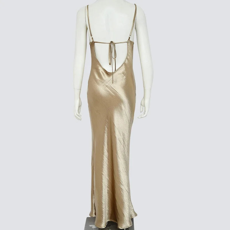Satin Cowl Neck Spaghetti Strap Maxi Dress