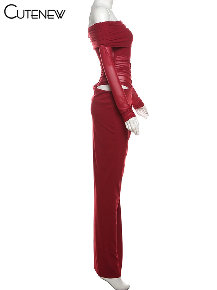 Off-Shoulder Sheer Panel Bodycon Maxi Dress