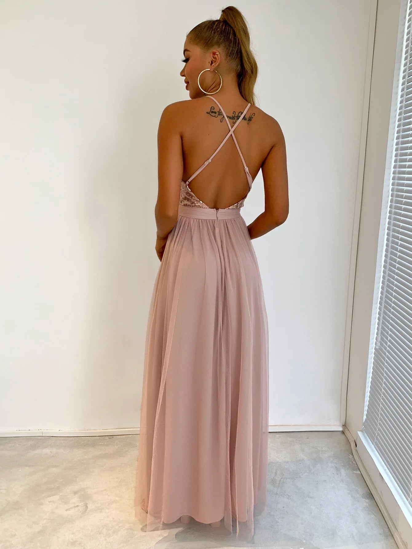 Sequin Bodice Open-Back Maxi Dress
