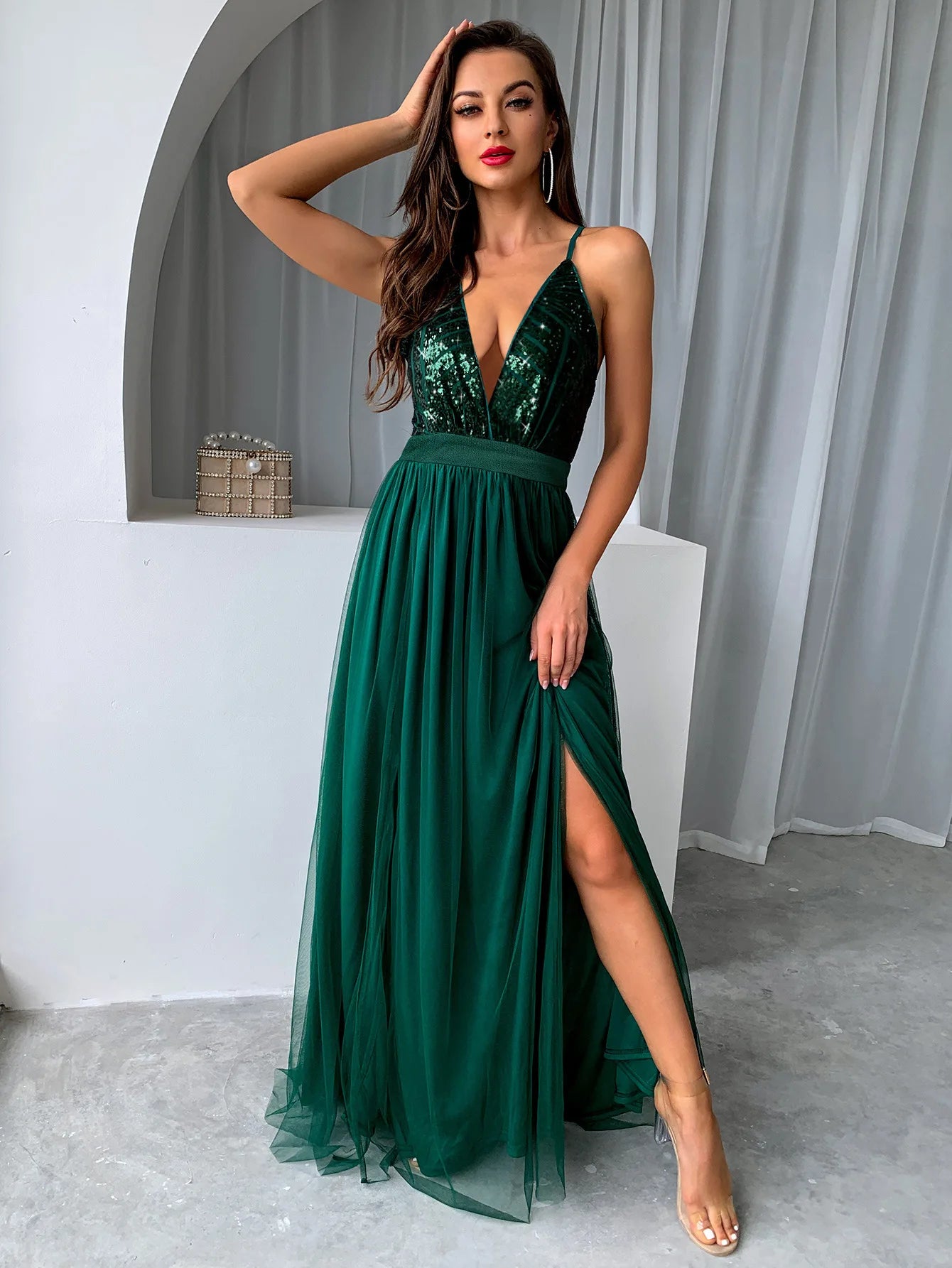 Sequin Bodice Open-Back Maxi Dress
