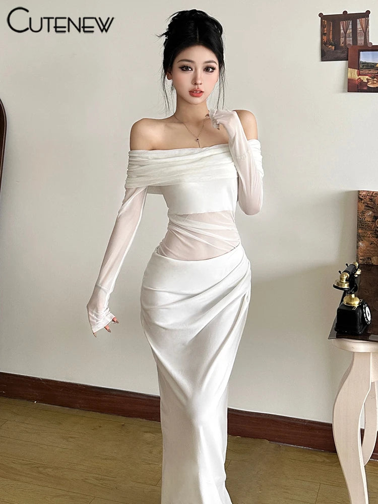 Off-Shoulder Sheer Panel Bodycon Maxi Dress