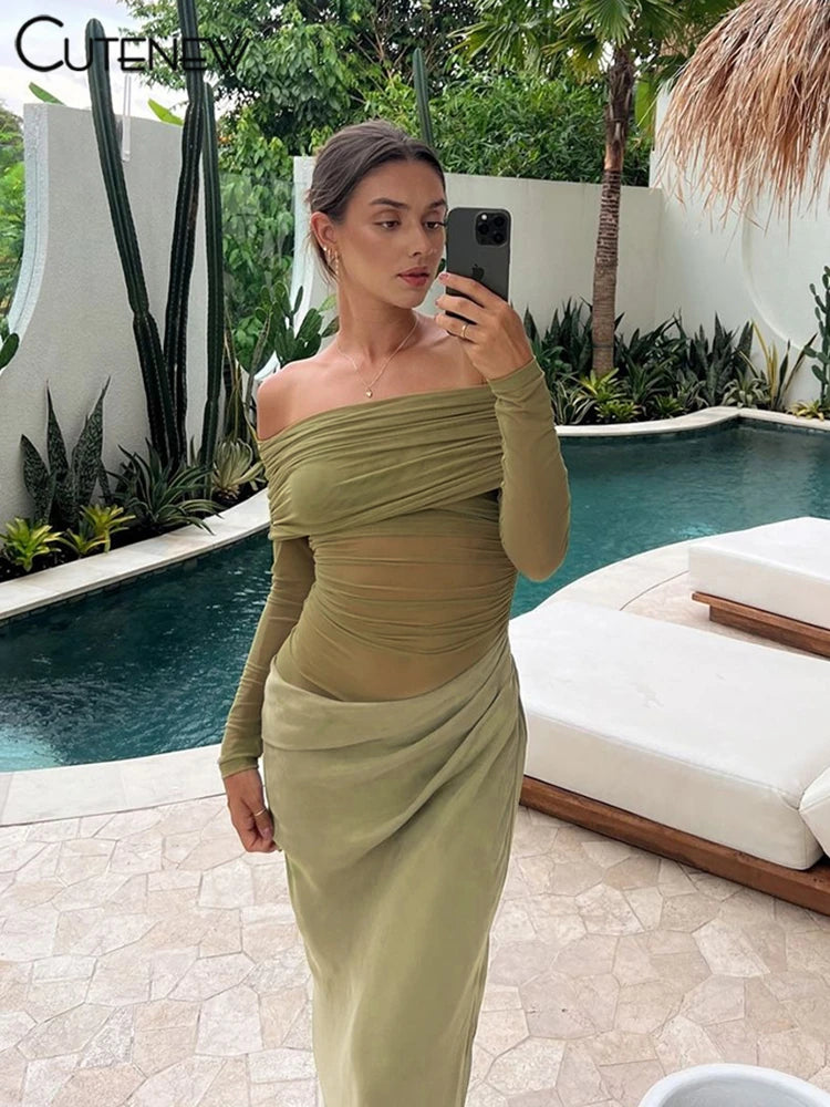 Off-Shoulder Sheer Panel Bodycon Maxi Dress