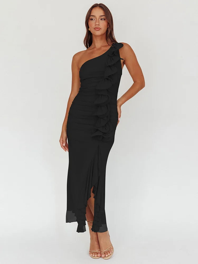 One-Shoulder Ruffle Ruched Midi Dress