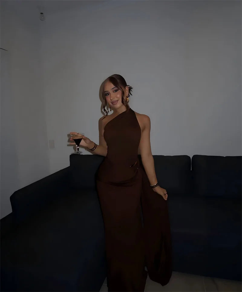 One-Shoulder Ruched Cut-Out Maxi Dress
