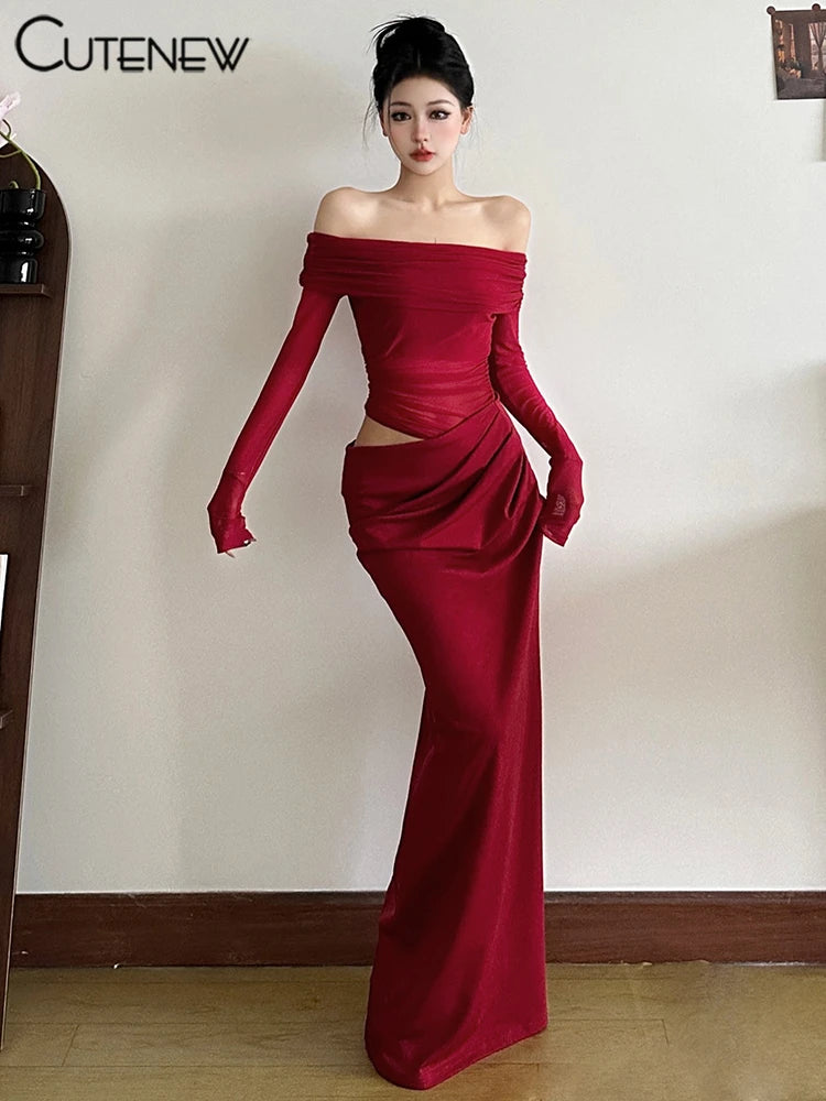 Off-Shoulder Sheer Panel Bodycon Maxi Dress