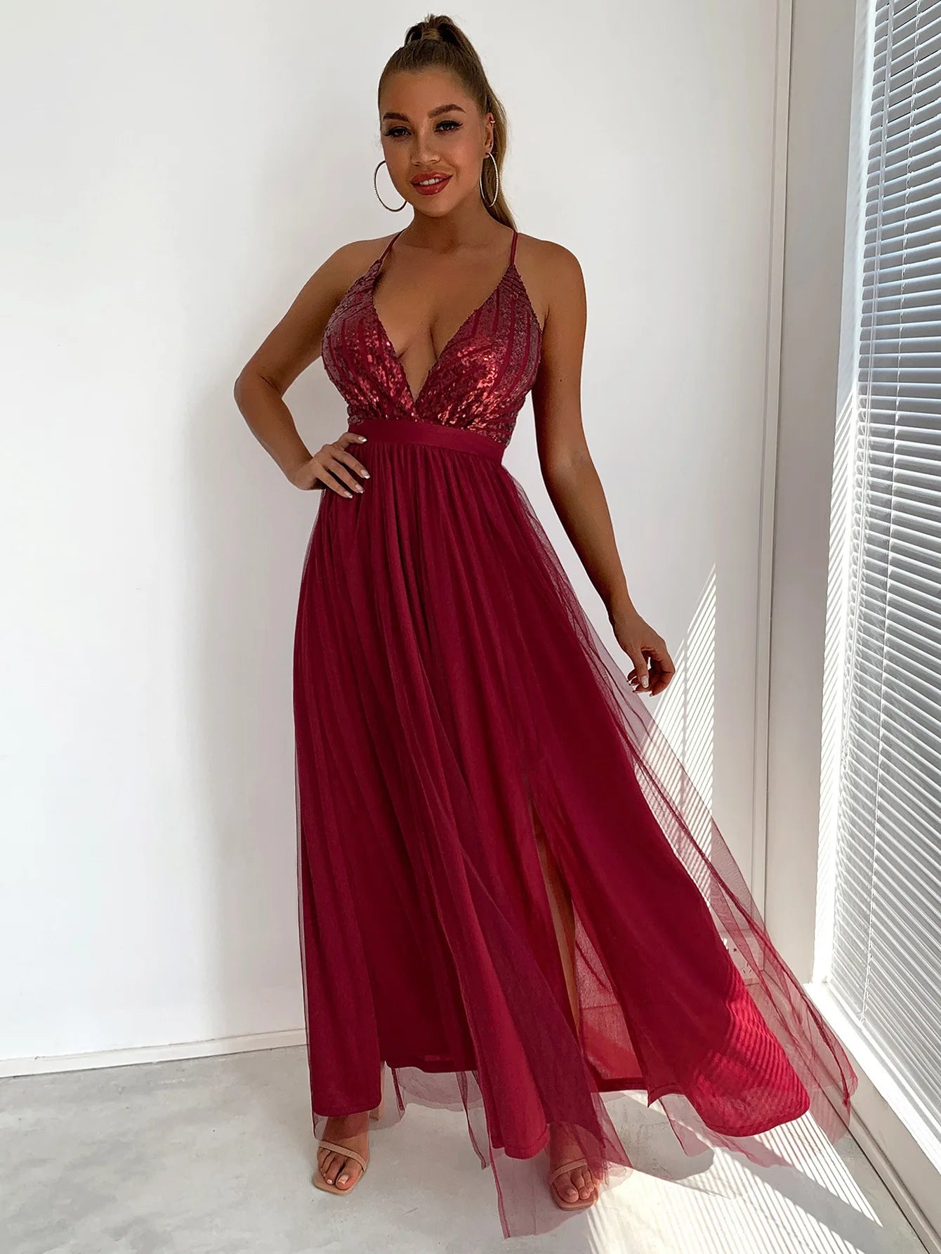 Sequin Bodice Open-Back Maxi Dress