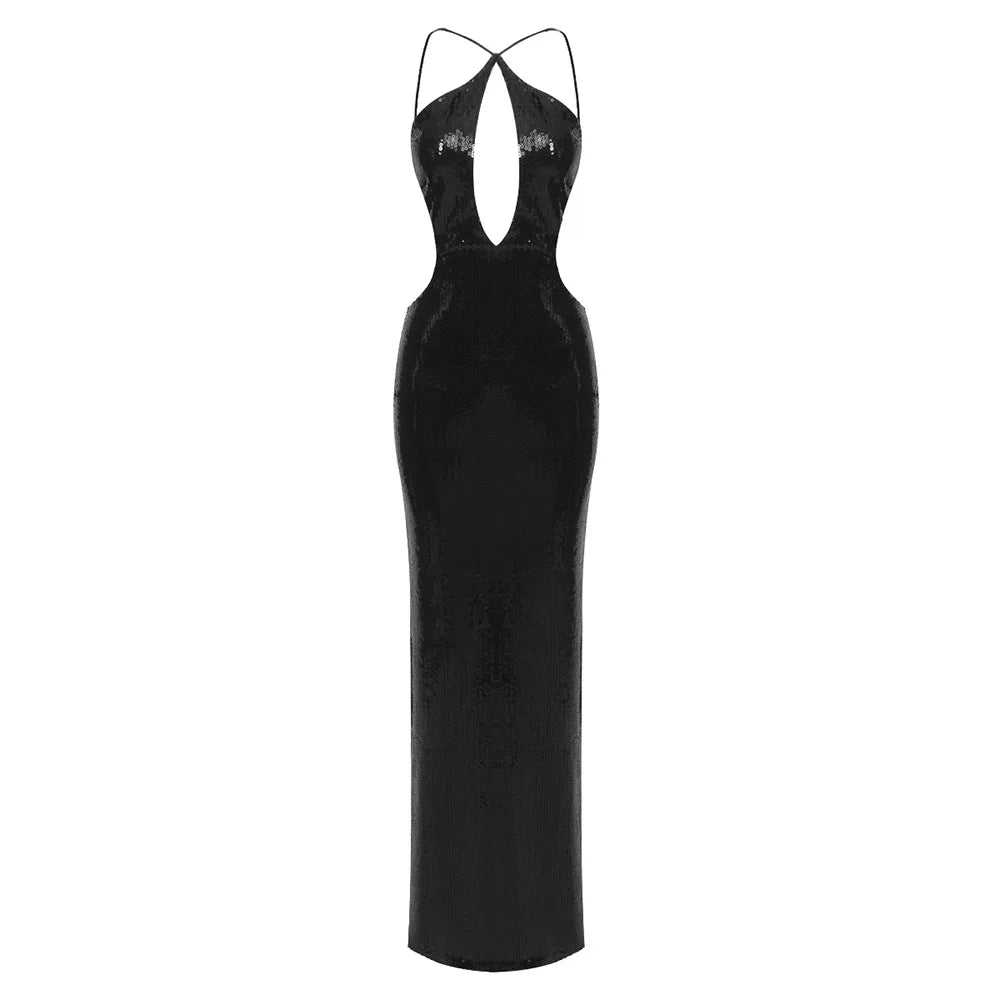 Sequin Halter Plunge Backless Evening Gown