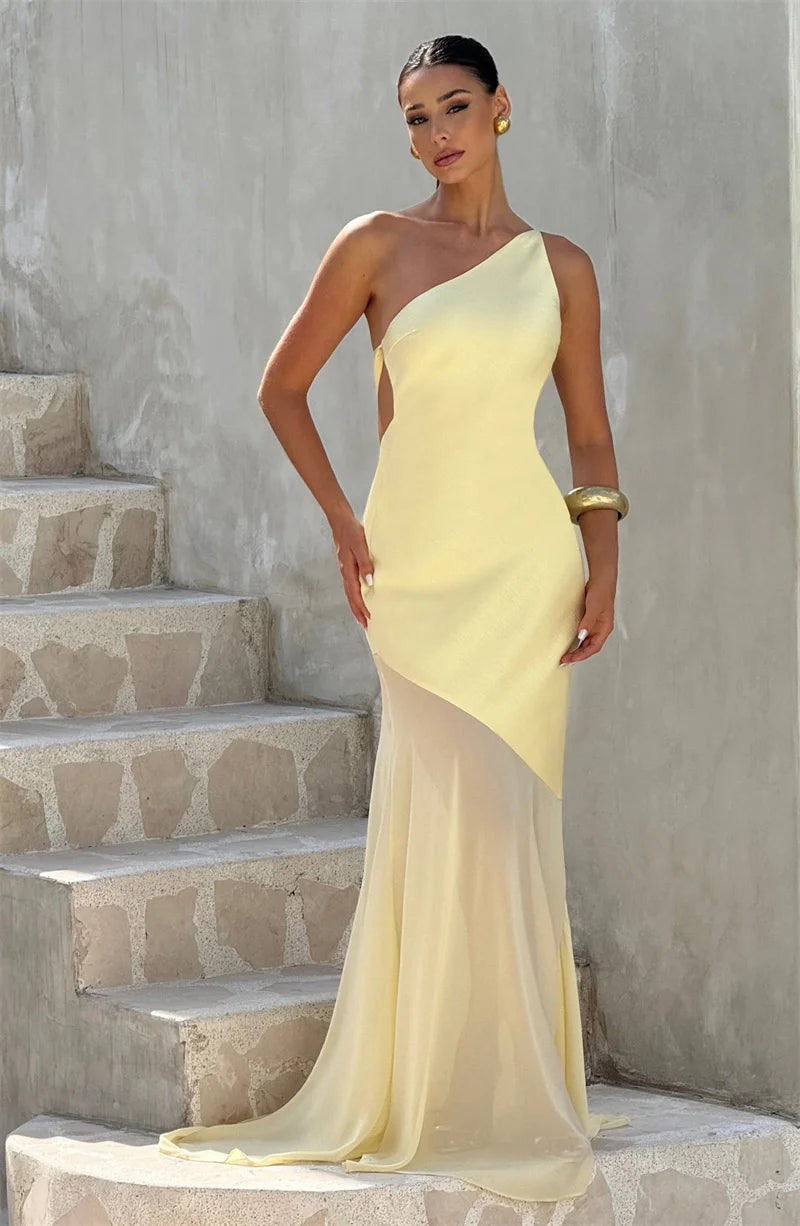 One-Shoulder Sheer Panel Mermaid Gown