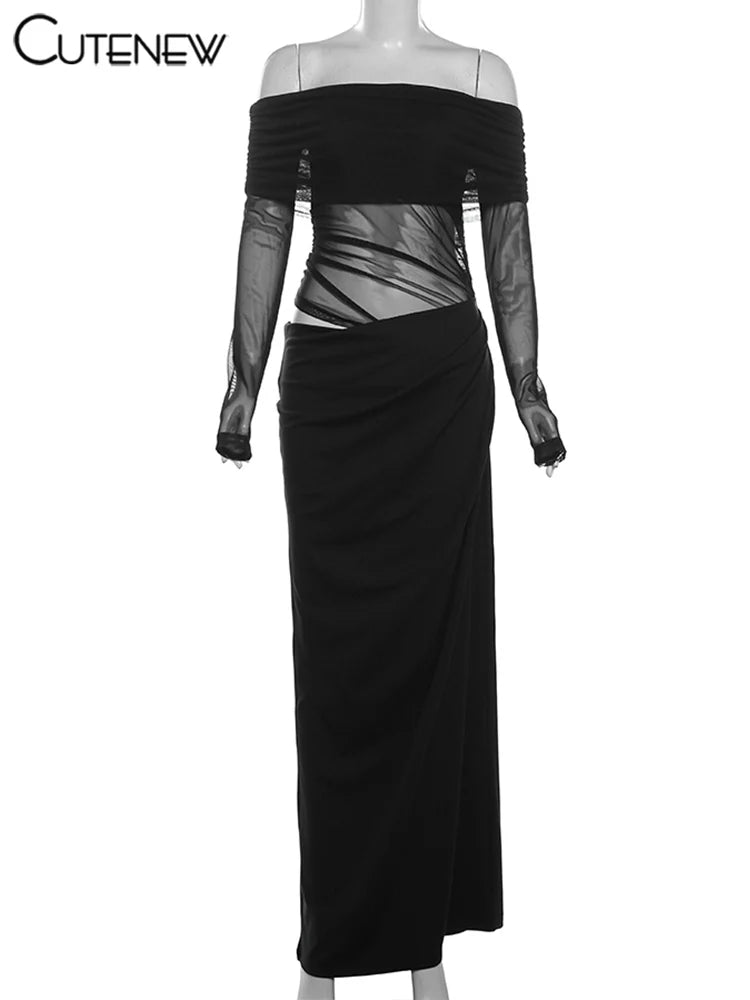 Off-Shoulder Sheer Panel Bodycon Maxi Dress