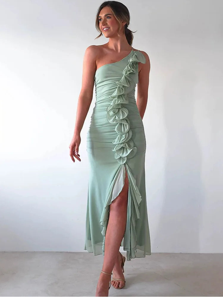 One-Shoulder Ruffle Ruched Midi Dress
