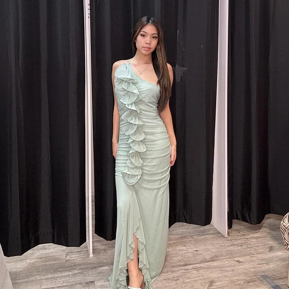 One-Shoulder Ruffle Ruched Midi Dress