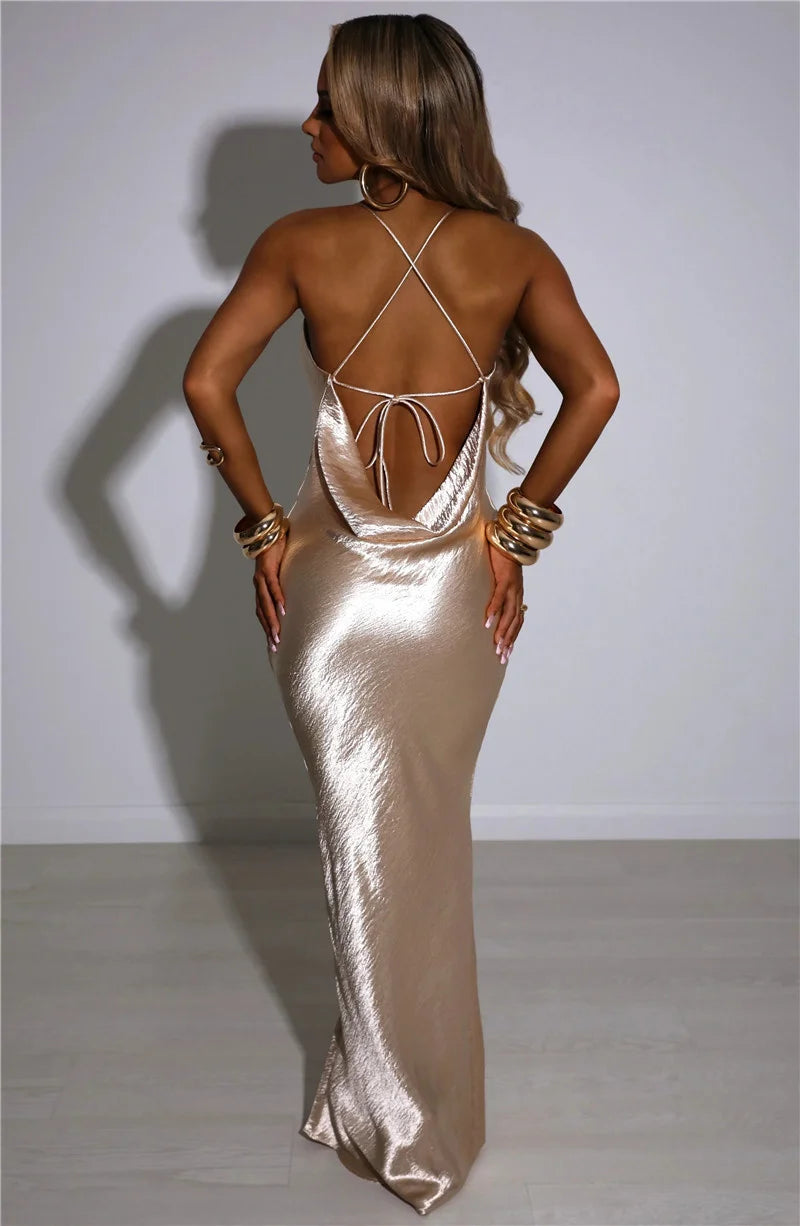 Satin Cowl Neck Spaghetti Strap Maxi Dress