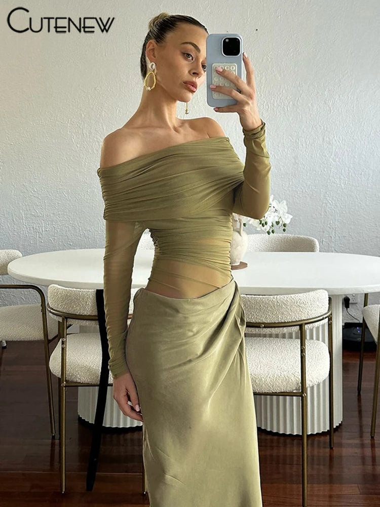 Off-Shoulder Sheer Panel Bodycon Maxi Dress