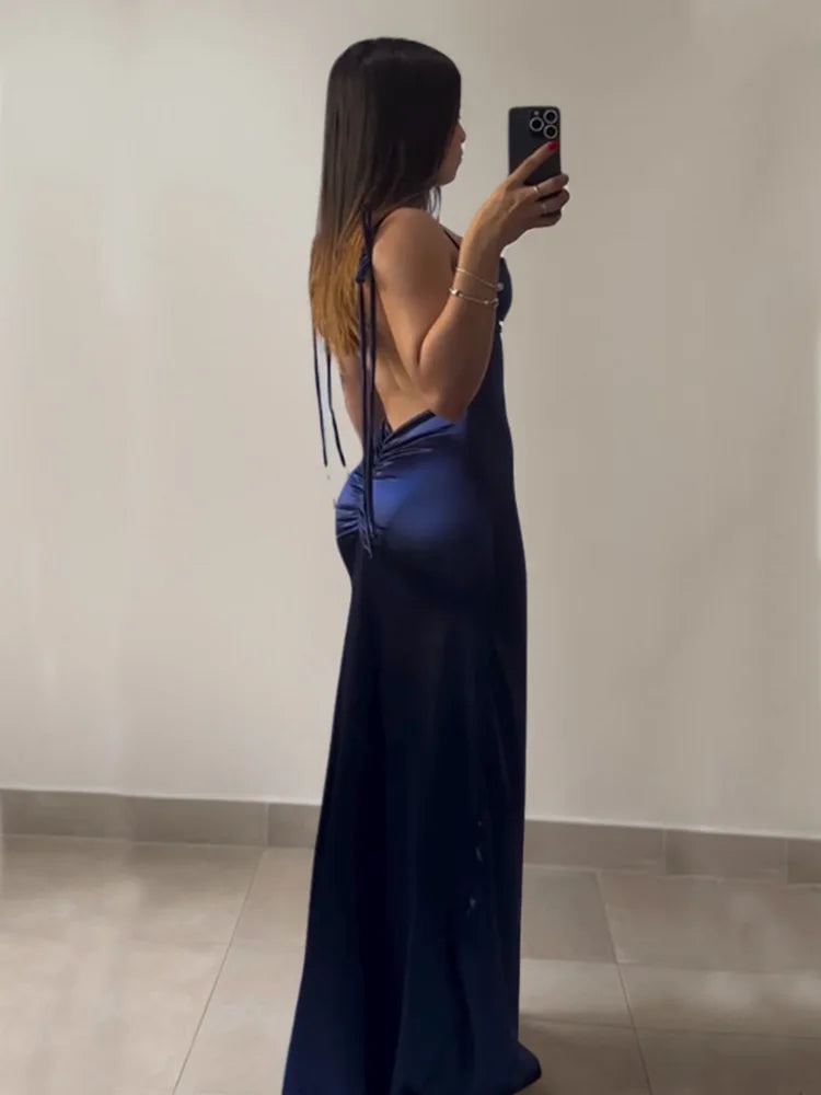 Satin High-Slit Ruffle Evening Dress