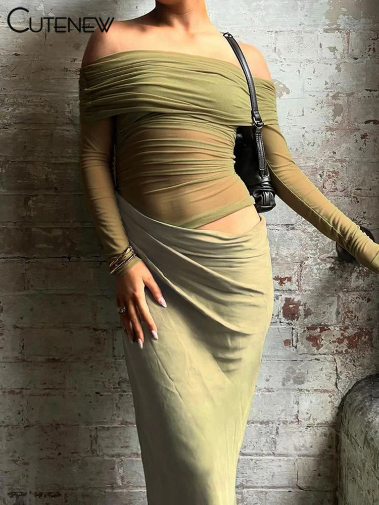 Off-Shoulder Sheer Panel Bodycon Maxi Dress