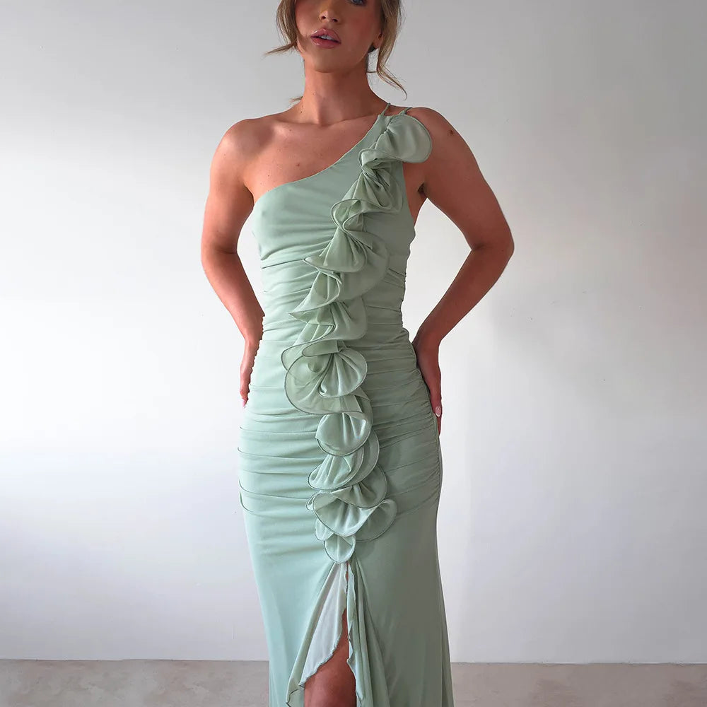 One-Shoulder Ruffle Ruched Midi Dress