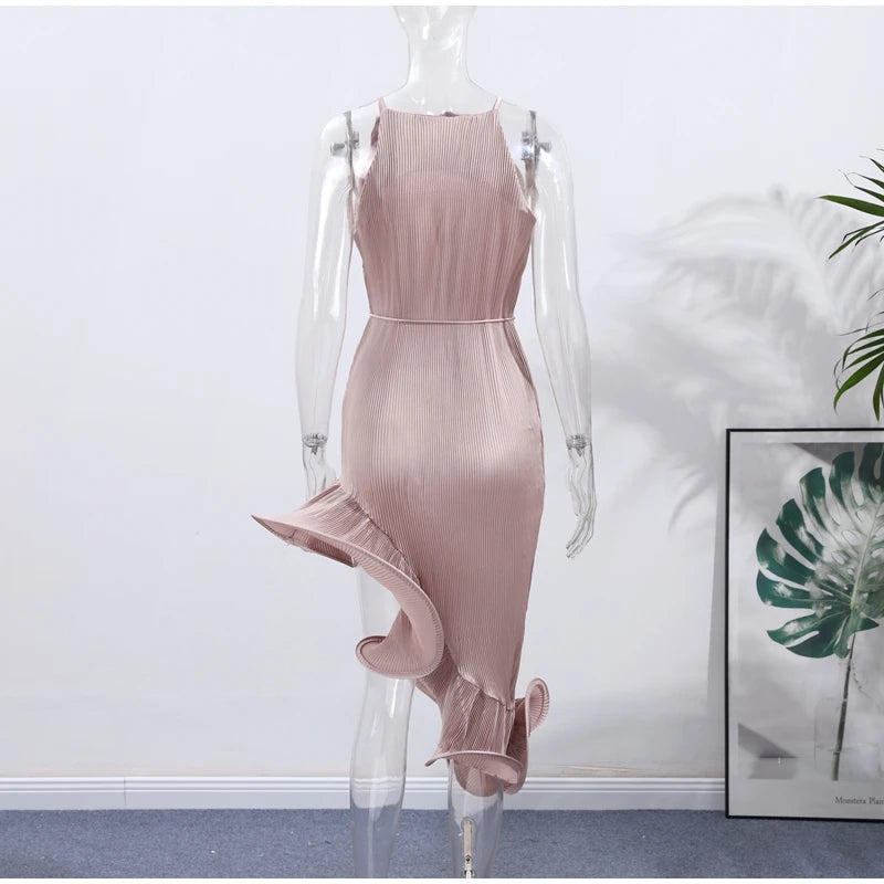High-Neck Sculpted Ruffle Slit Midi Dress