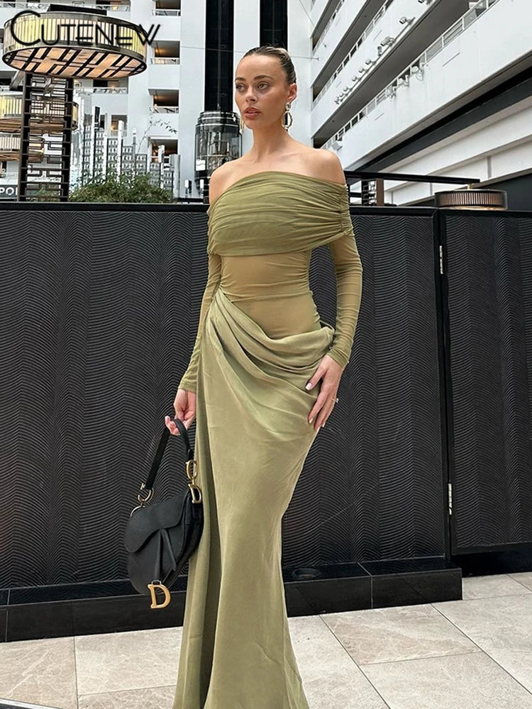 Off-Shoulder Sheer Panel Bodycon Maxi Dress
